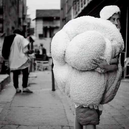 Image similar to face portrait, woman age 2 0 in a puffy sheep costume, outside, backstage theatre, street photography by steve mccurry, 5 0 mm f / 1. 4