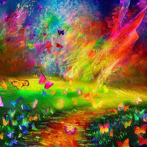 Prompt: impressionist digital art landscape portrait, luminous colors, at a picnic party a sudden explosion of butterflies, epic, dramatic lighting.