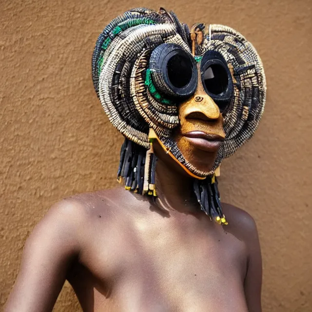 Image similar to a beautiful cyborg made of african ceremonial masks