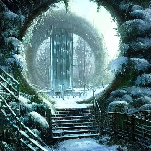 Image similar to stairs leading to a frozen derelict portal in a middle of a snowy lush futuristic forest, green lush world seen only through a portal, daylight, cinematic lighting, blue sky, syd mead, john harris
