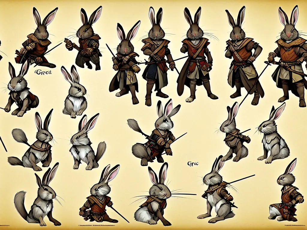 Image similar to character design sheet for a group of heroic rabbit archers on a parchment background, redwall, greg rutowski and jean baptiste monge, very very detailed, epic fantasy concept art