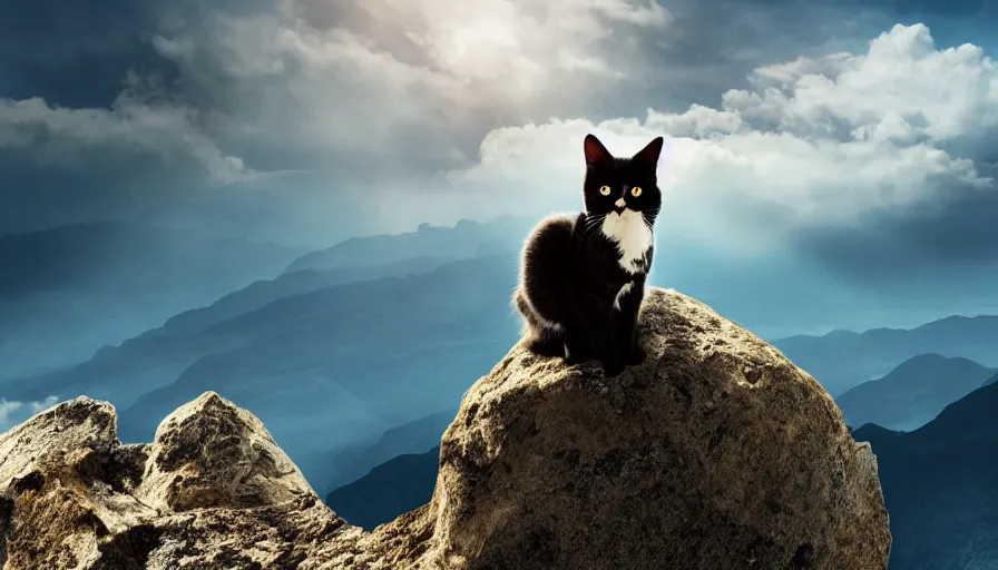 Image similar to a cat standing on the peak of a mountain range, looking up, realistic, epic lighting, epic composition, 4 k