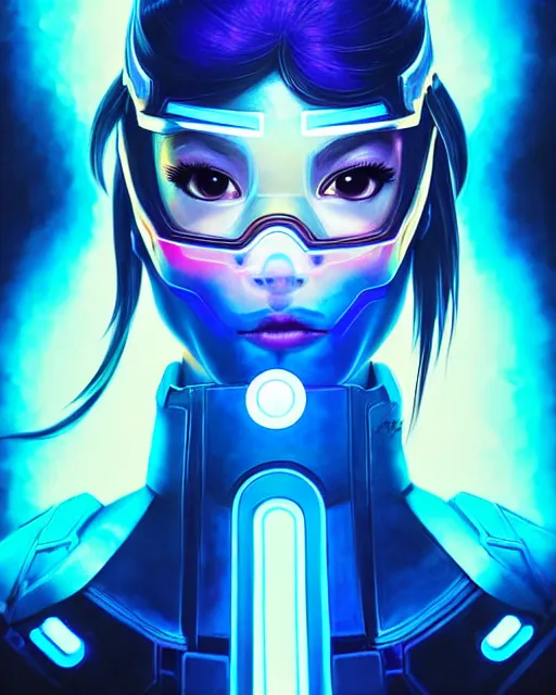 Prompt: echo from overwatch, thai, blue glowing holographic face, hologram face, glass face, transparent face, elegant, colorful, fantasy, fantasy art, character portrait, portrait, close up, highly detailed, intricate detail, amazing detail, sharp focus, vintage fantasy art, vintage sci - fi art, radiant light, caustics, by boris vallejo