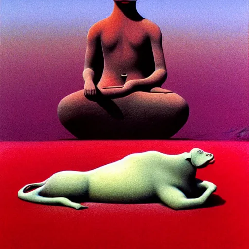 Prompt: 3D matte illustration of a cow sitting in lotus position by Zdzisław Beksiński