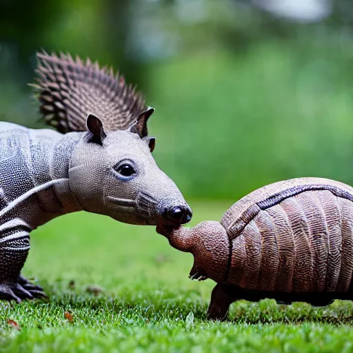 Prompt: an armadillo chasing a dog