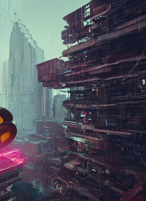 Image similar to engineers building giant head of cyberpunk mickey mouse, inside of abandoned netflix office, by beeple, dystopia, golden ratio, octane render, redshift, trending on artstation, 8 k