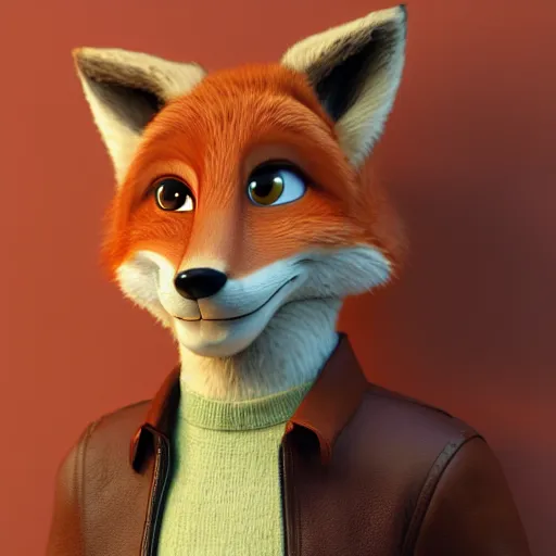 Image similar to 3 d render, portrait, anthropomorphic fox, male, in a brown leather maxi jacket, in the style of zootopia, closeup