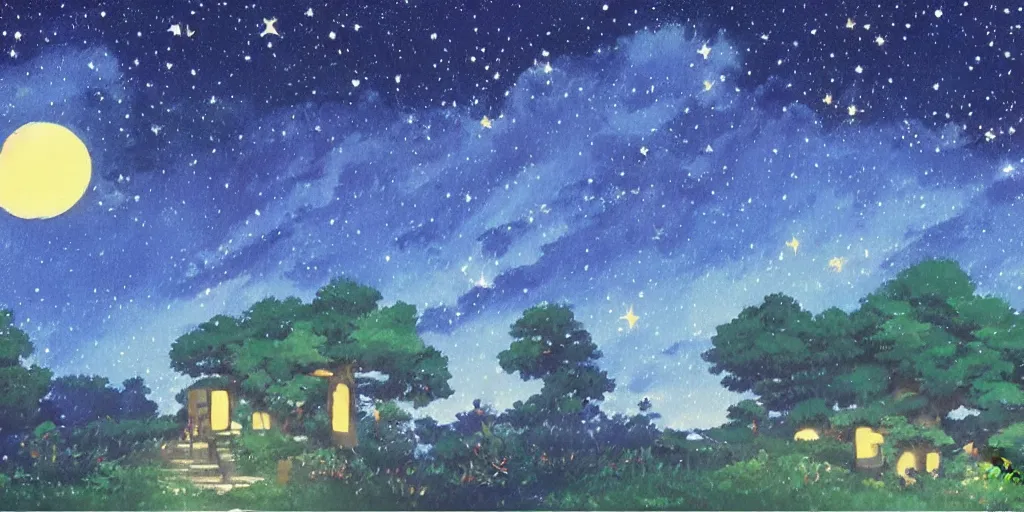 Image similar to night sky full of stars, soothing light, painting by studio ghibli - h 5 7 6