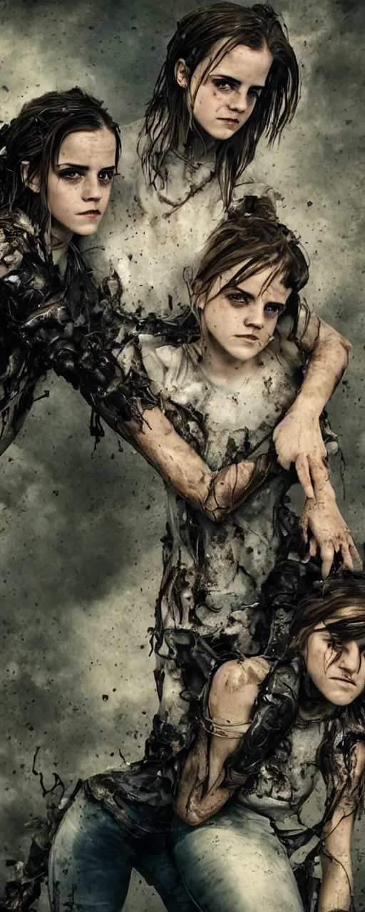 Image similar to Emma Watson conjoined closeup angry tired fighting yelling warface face iridescent vascular nerve bundles pearlescent spinal chord fractal armour twinned conjoined sisters action poses dishevelled photorealistic portrait grimy sweating bloody oily wet face dirty t-shirt and torn jeans in broken biomechanical fractal armour abandoned exploding sci-fi gas station, dark and dim atmospheric smog trending on artstation 8k matte painting, dramatic lighting, dramatic shadows professional photograph by Patrick Demarchelier