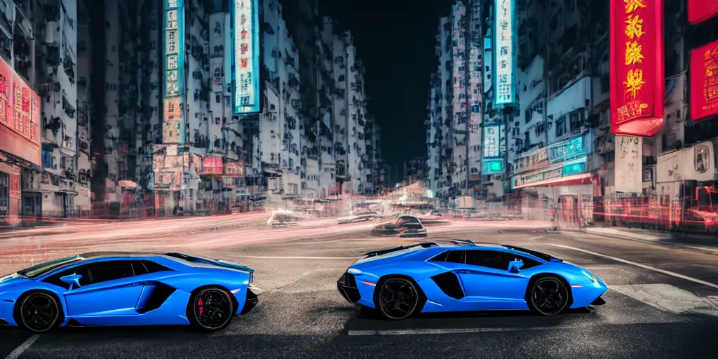 Image similar to lamborghini aventador with a light reflection in the middle of a road on the night Hong Kong china town, blue color grading, cinematic color grading , unreal 5, hyperrealistic, realistic, photorealistic, dynamic lighting, highly detailed, cinematic landscape, studio landscape, studio lighting