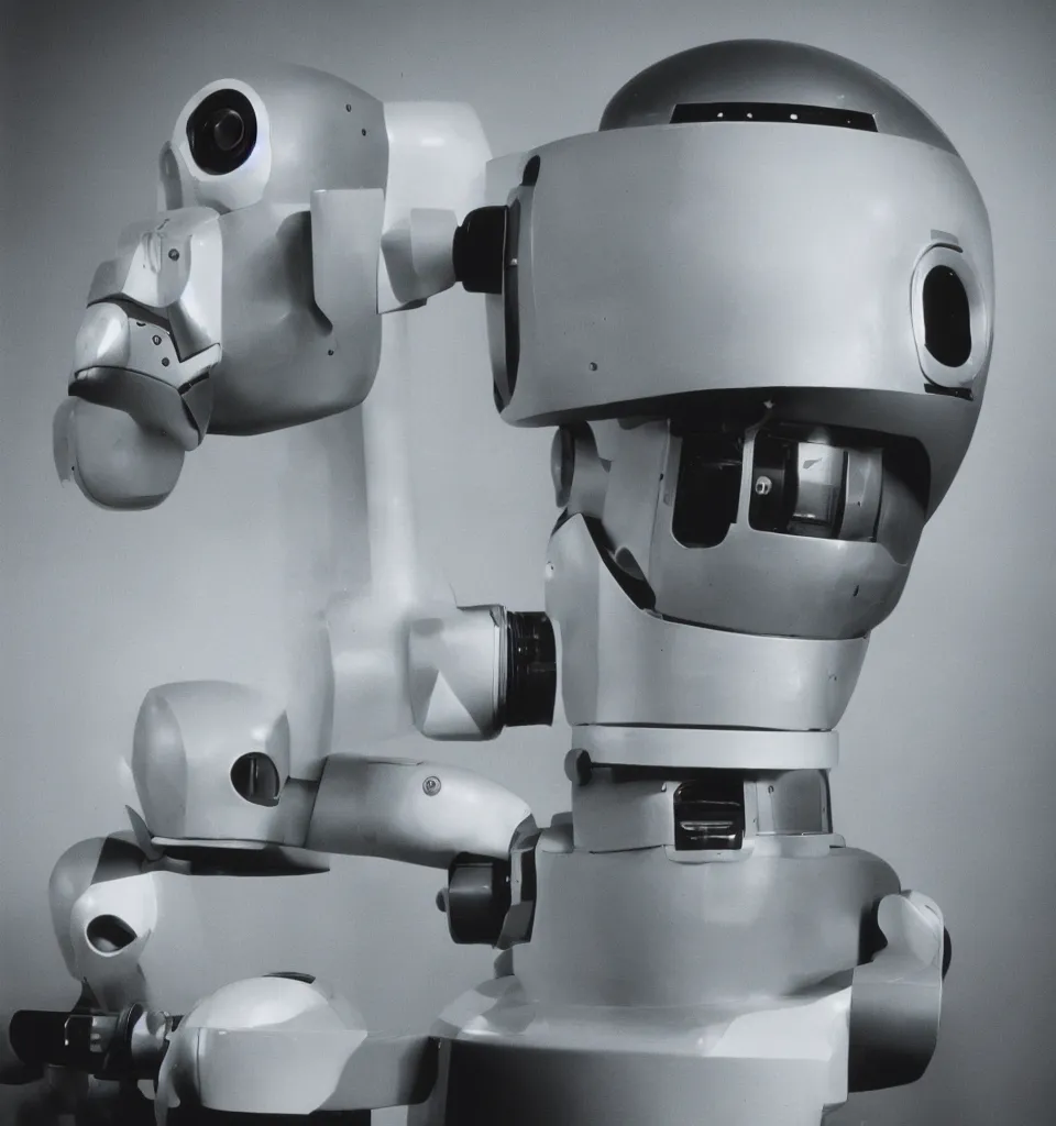 Prompt: an 80's studio portrait photo of a robot head designed by Dieter Rams, 50mm, pentax, film