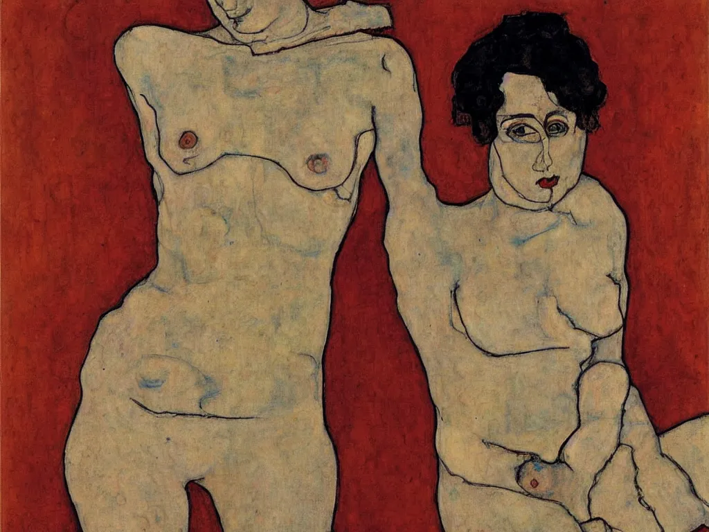 Prompt: Egon Schiele painting of female figure