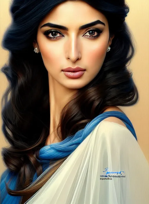 Image similar to beautiful ameera al taweel, bright blue eyes, long wavy black hair, white veil, in the style of stefan kostic, realistic, sharp focus, 8k high definition, insanely detailed, intricate, elegant, art by stanley lau and artgerm