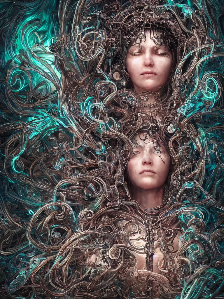 Image similar to beautiful portrait of the priestess of pain and sorrow, bio-mechanical cathedral ,intricate tendrils, chaotic swirling ferrofluids, baroque, octane render, glow, surreal dramatic lighting, intricate details and ornaments, 8k, cinematic, blur, shallow depth of field, neuro web, plasma, neon