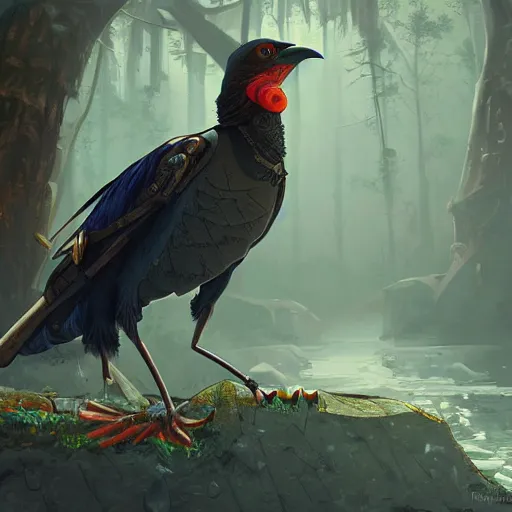 Image similar to concept art painting of an anthropomorphic crow person with steampunk clothes, in the deep forest, realistic, detailed, cel shaded, in the style of makoto shinkai and greg rutkowski and james gurney