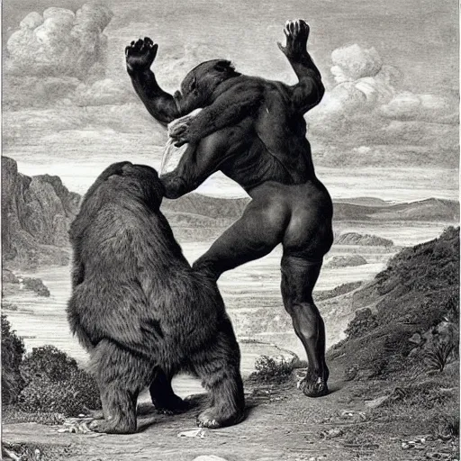 Image similar to stephen hawking fighting a bear by edward poynter