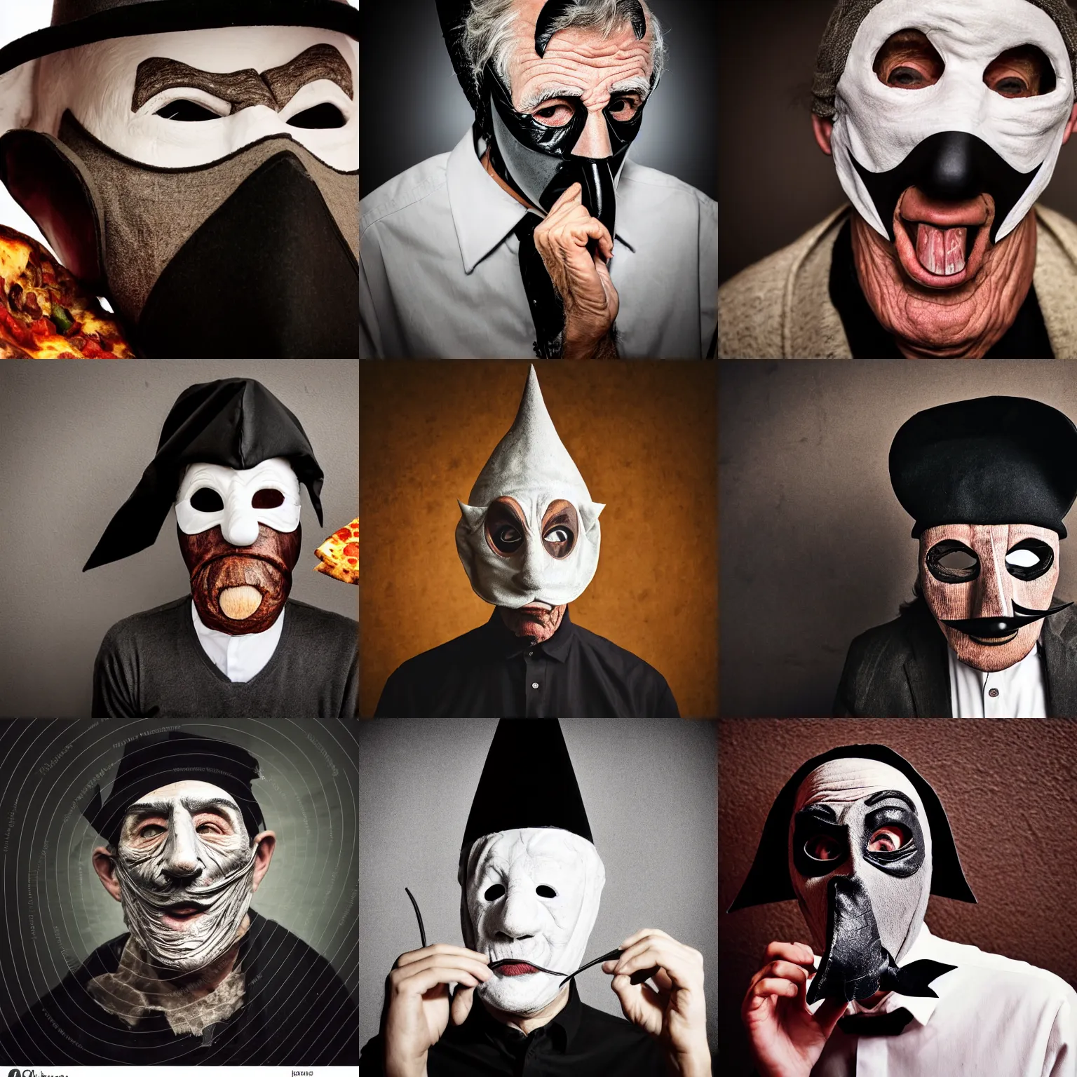 Prompt: portrait photo of an old man, wrinkles, moody, sinister looking, long nose, crooked nose, large open mouth, black pulcinella masquerade mask, pointy conical hat, white wrinkled shirt, dramatic lighting, muted colors, pizza in foreground, black background, close - up, skin blemishes, acclaimed, nikon 5 0 mm, expensive masterpiece