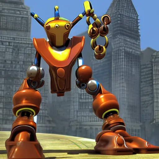 Image similar to precusor robot in haven city from jak 2, highly detailed, photorealistic