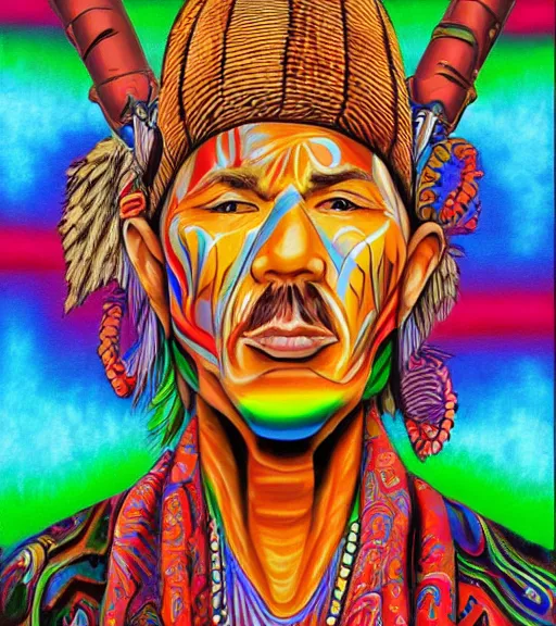 Image similar to Painting in a style of Alex Grey of a shaman dressed in a colorful traditional clothes. He is smoking a pipe