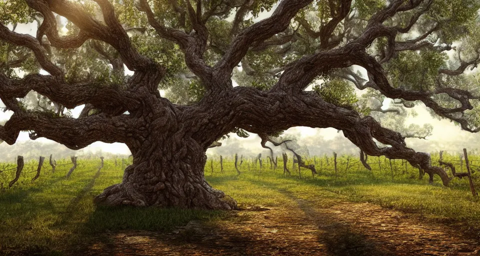 Prompt: A beautiful hyper realistic ultra detailed lifelike matte painting of an old oak tree in a vineyard, unreal engine, deviantart, flickr, artstation, octane render, textured, colorful, extreme realistic detail, physically based rendering, pbr render, very detailed, volumetric lighting, detailed lighting, octane render, 4k, cinematic lighting, 8k resolution