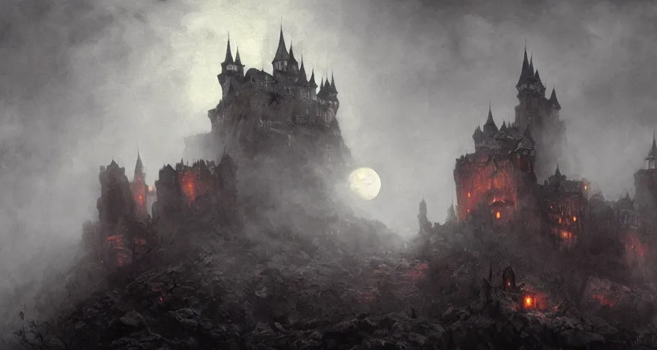 Image similar to dracula's castle rising up from the mist at night silhouetted by a single huge bloodmoon, anders zorn, stephen hickman, thomas kincade, brutalist, James Paick, Julian Falat, ultra realistic, trending on artstation, lava, dungeons and dragons, warm saturated colors, spooky, haunted