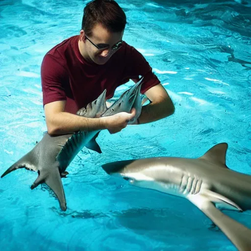 Prompt: a man feeding a shark in a pool