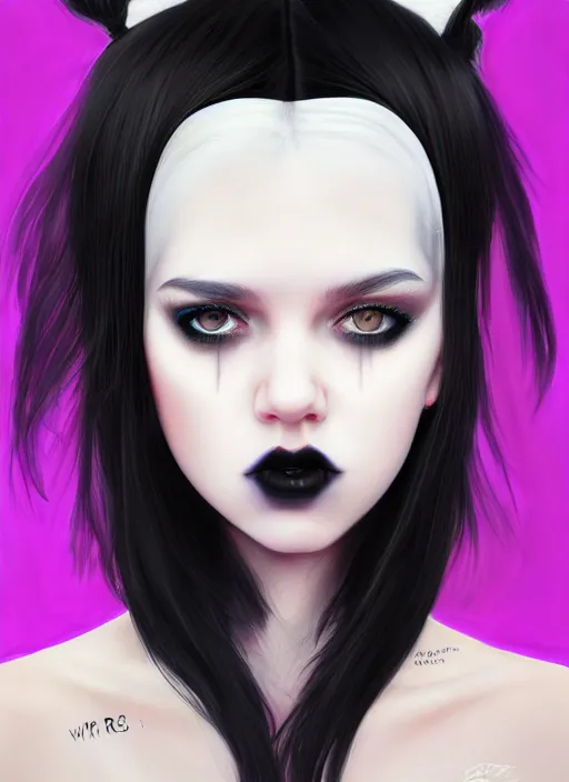 Image similar to portrait of white teenage girl, normal face, black bangs, mall goth, cyberlox, black hair with white bangs, black and white hair, bangs, fluffy bangs, red contacts, purple lipstick, intricate, elegant, highly detailed, digital painting, artstation, concept art, sharp focus, smooth, illustration, art by wlop, mars ravelo and greg rutkowski