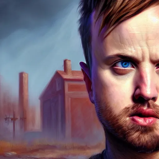 Image similar to Jesse Pinkman, perfect eyes, head and shoulders shot, butcher, portrait, fantasy, beautiful face, medieval, vivid colors, elegant, concept art, sharp focus, digital art, Hyper-realistic, 4K, Unreal Engine, Highly Detailed, HD, Dramatic Lighting by Brom, trending on Artstation