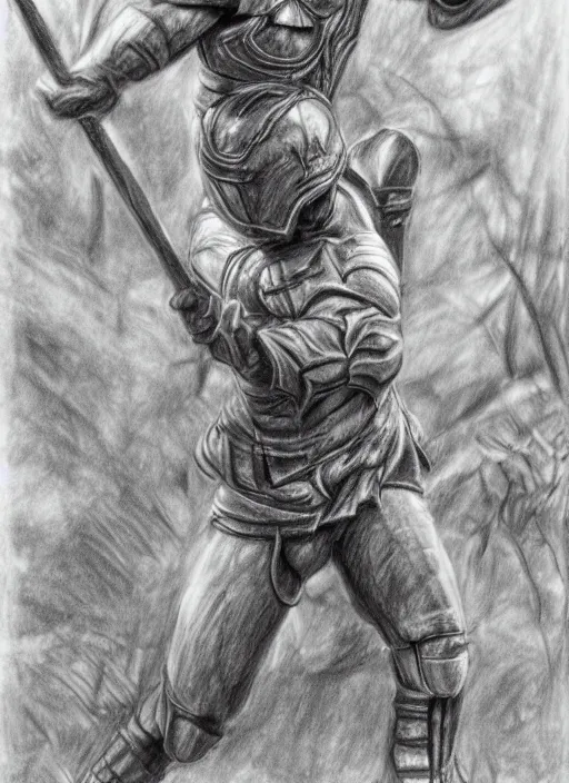 Prompt: a realistic pencil drawing of a praetorian guard in the forest of gaul, pronounced masculine features, low dutch angle, face in focus, natural lighting, realism, strong muscular features