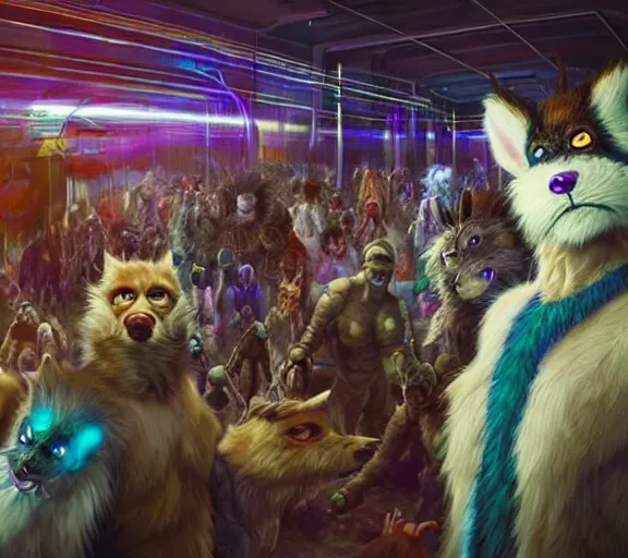 Image similar to high - resolution photograph from a biopunk era furry fandom convention ( midwest furfest 2 0 4 7 ), taking place after the genetic revolution and quantum singularity. photorealistic.