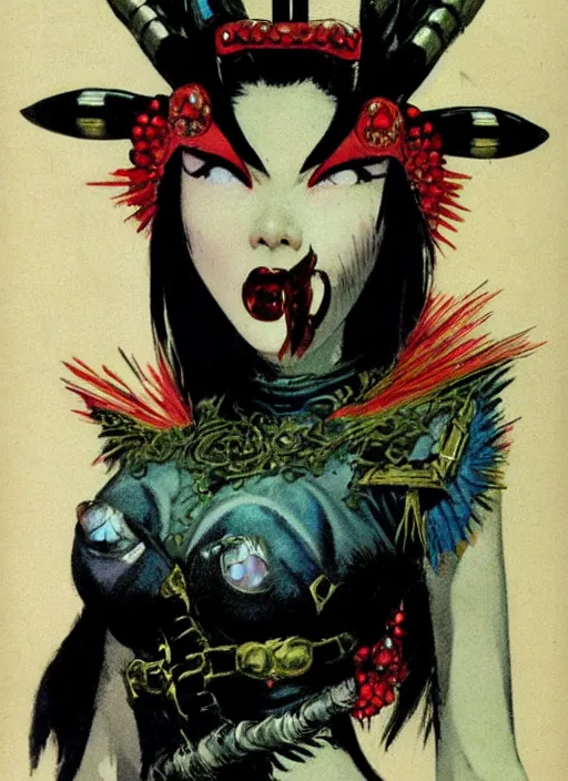 Image similar to mighty female korean vampiress, jeweled headdress, heavy mascara, strong line, saturated color, beautiful! coherent! by frank frazetta, high contrast, minimalism