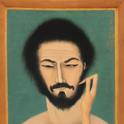 Prompt: A beautiful painting of a self-portrait of the artist. He is shown with his head turned to the left, looking at the viewer. His hair is wild and his eyes are wide open. His right hand is raised, as if he is pointing at something. caput mortuum, cyanotype, avant-garde by Fenghua Zhong, by Hajime Sorayama