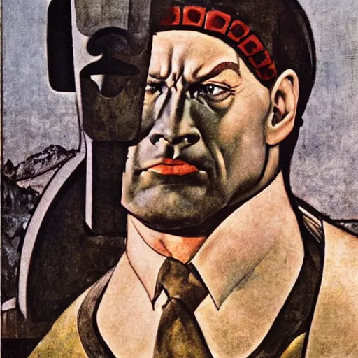 Prompt: portrait of Nazi Arnold Schwarzenegger as a Wolfenstein character, by Angus McBride, Gentile Bellini, Piero della Francesca, and Arthur Rackham. HD face portrait.