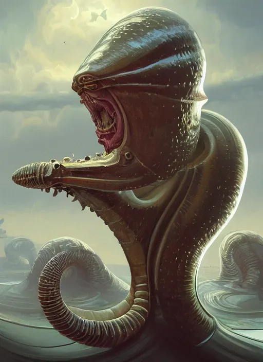 Image similar to wide angle shot of slimy mollusk as elon musk, anthropomorphic character, drool, concept art, intricate, elegant, highly detailed, digital painting, artstation, wallpaper, smooth, sharp focus, illustration, art by giger and artgerm and greg rutkowski and alphonse mucha