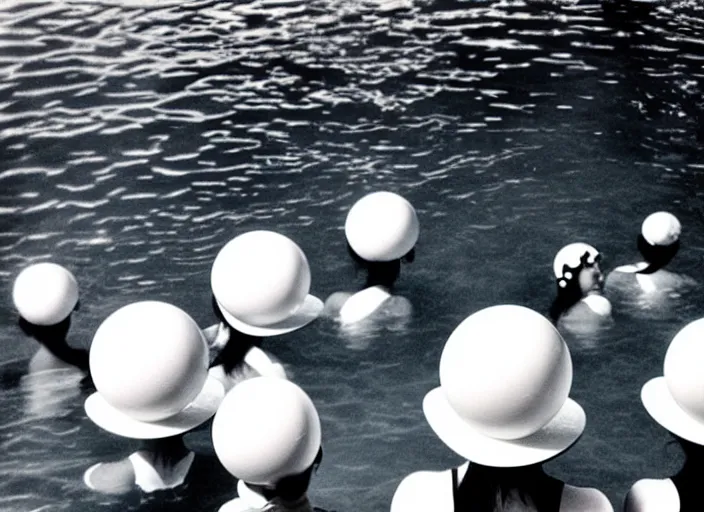 Image similar to realistic photo of a group of common girls in white tights, wearing white spherical helmets, spherical hats, in a big pool with dark black oil water, in a center of the pool with grey black mercury oil water, the sky is grey 2 0 0 0, life magazine photo,