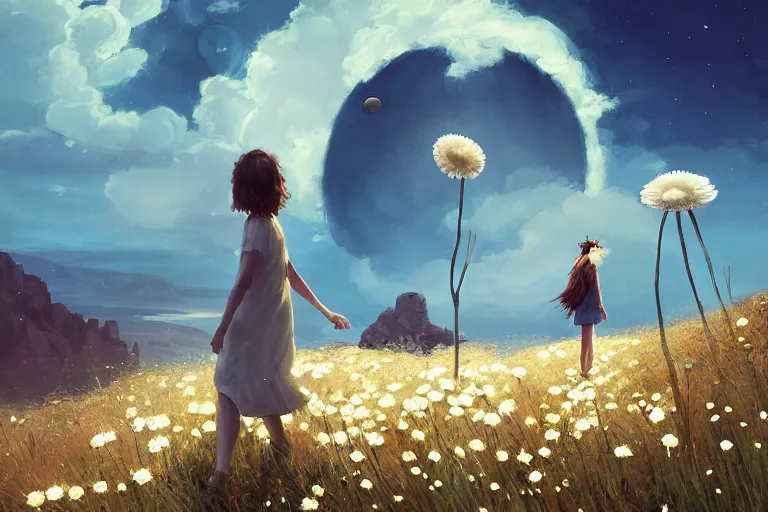 Image similar to giant white daisy flower under the head, girl walking on cliff, surreal photography, solar eclipse, milky way, dramatic light, impressionist painting, clouds, digital painting, artstation, james gilleard, liam wong, jeremy mann, simon stalenhag