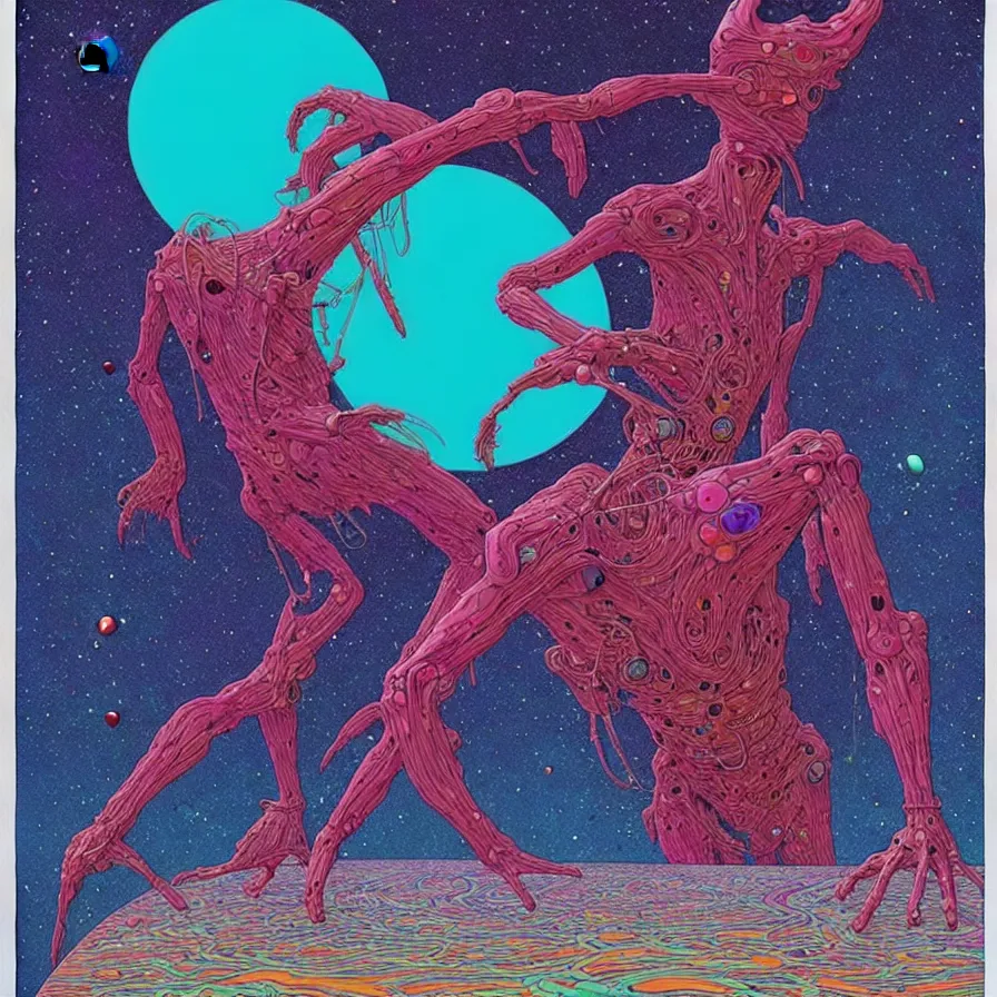 Image similar to ( ( ( ( a humanoid creature from another planet. ) ) ) ) by mœbius!!!!!!!!!!!!!!!!!!!!!!!!!!!, overdetailed art, colorful, artistic record jacket design