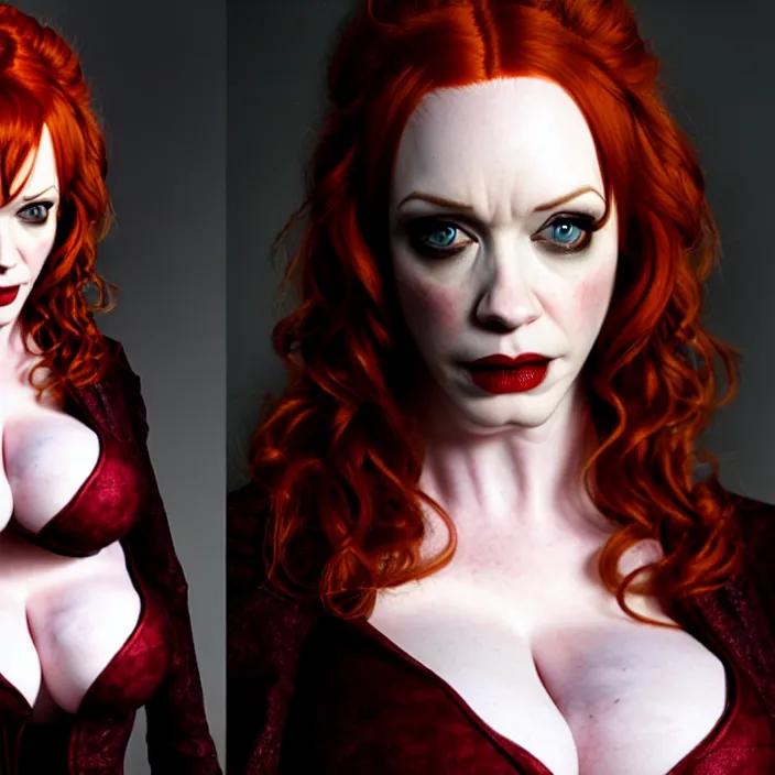 Image similar to portrait photograph of christina hendricks as a vampire warrior, real-life Extremely detailed. 8k