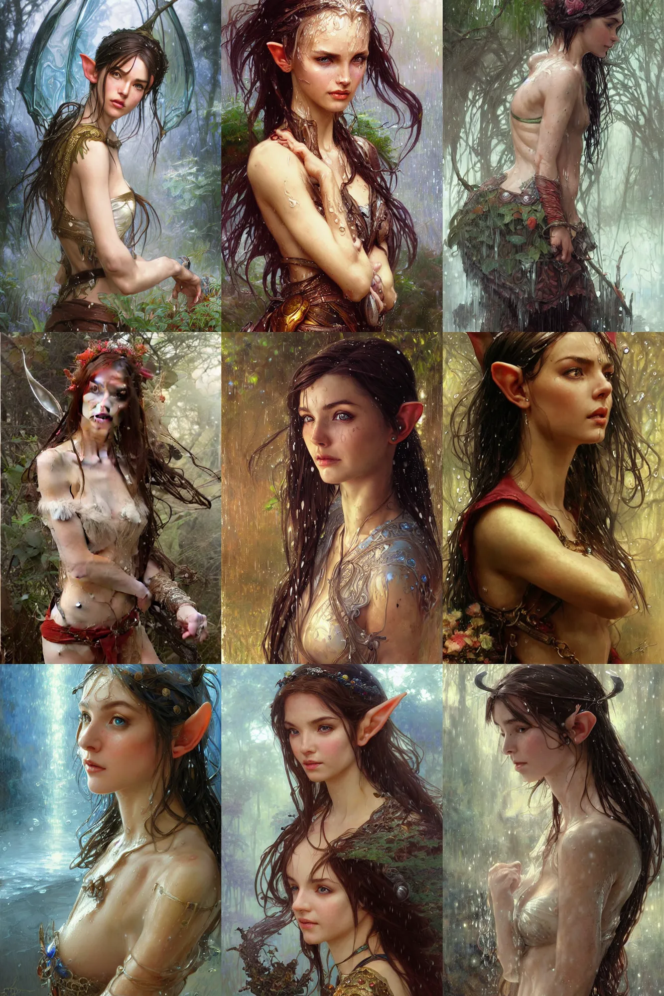 Prompt: hyper-realistic portrait of beautiful high-fantasy elf girl with a wet look, intricate details, rule of thirds, by Stanley Artgerm Lau, by greg rutkowski, by thomas kindkade, by alphonse mucha, loish, by norman rockwell J.