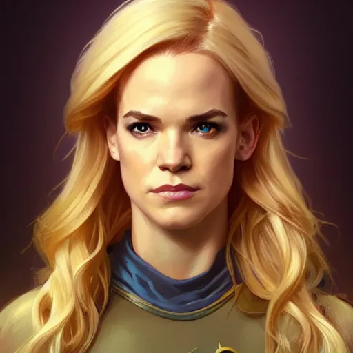 Image similar to Danielle Panabaker with blonde hair as Kid Flash, western, D&D, fantasy, intricate, elegant, highly detailed, digital painting, artstation, concept art, matte, sharp focus, illustration, art by Artgerm and Greg Rutkowski and Alphonse Mucha