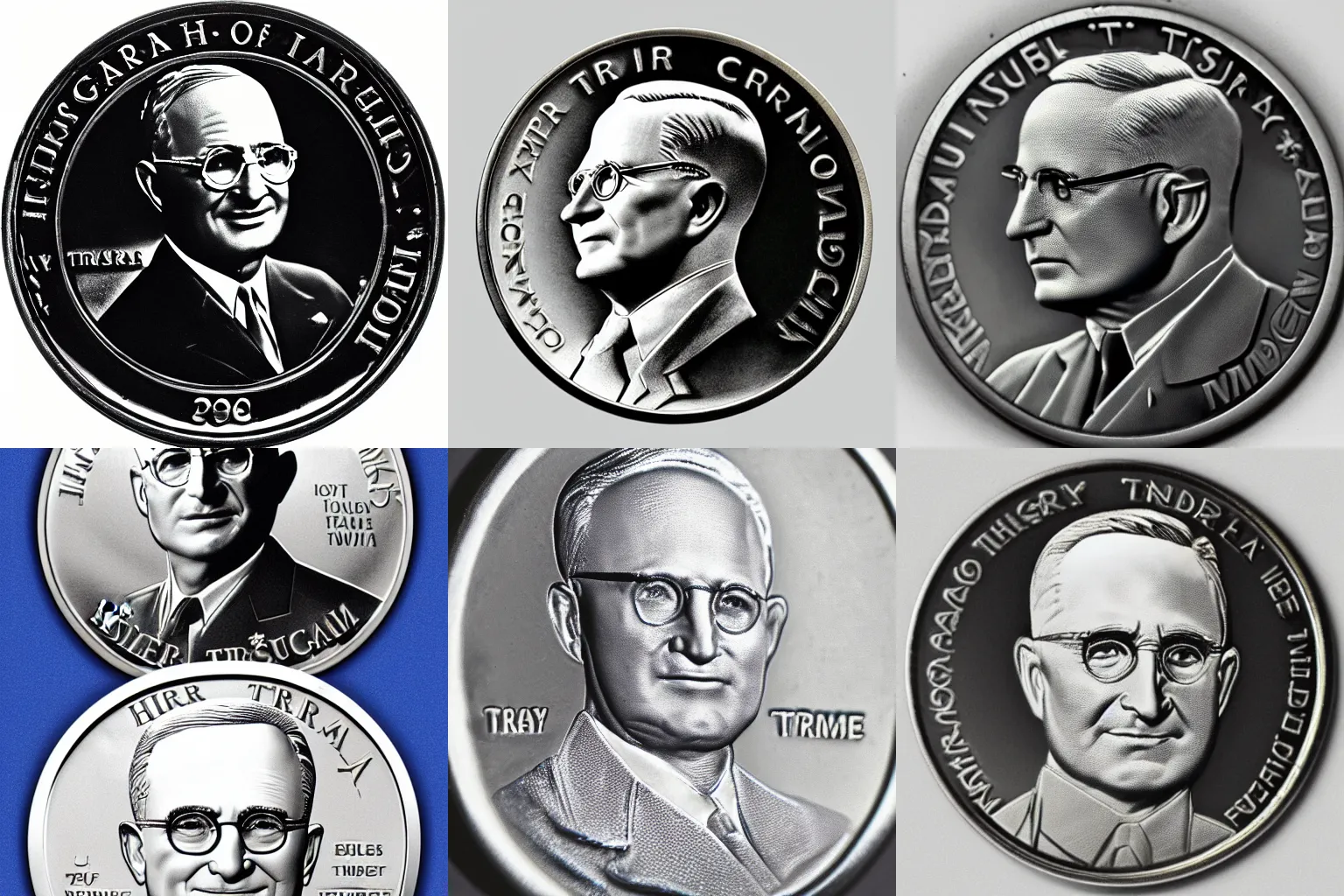 Prompt: silver coin embossed with harry truman, photograph