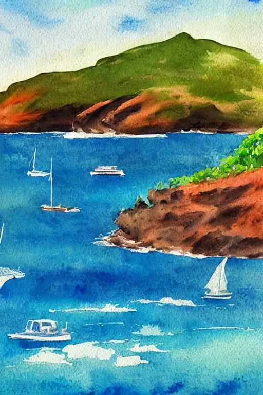 Prompt: watercolor painting of realistic hawaii coast, summer period with boats, watercolor, tonal colors, natural lighting, blue.