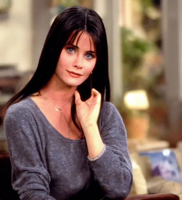 Prompt: young courtney cox as monica in friends, movie still frame, hd, cinematic lighting