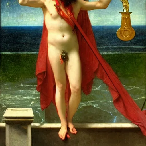 Image similar to Justice with a blood dripping chalice at the palace, thunderstorm, greek pool, beach and palm trees on the background major arcana sky, by paul delaroche, alphonse mucha and arnold böcklin arnold böcklin hyperrealistic 8k, very detailed