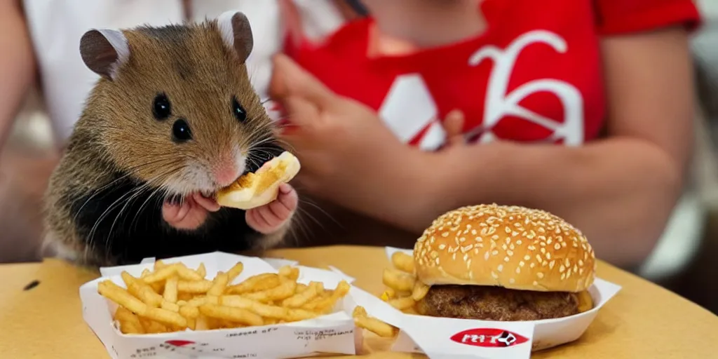 Prompt: a little hamster eating a burger at kfc, looking very happy