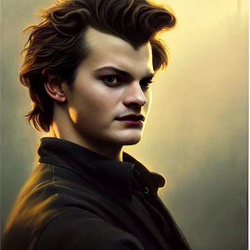 Prompt: portrait painting of actor joe keery as a vampire, ultra realistic, concept art, intricate details, eerie, highly detailed, photorealistic, octane render, 8 k, unreal engine. art by artgerm and greg rutkowski and charlie bowater and magali villeneuve and alphonse mucha