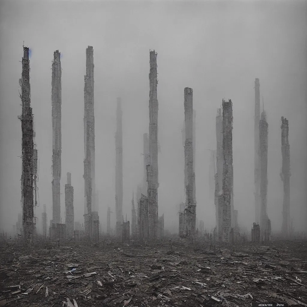 Image similar to tall towers, made up of makeshift squatter housing with faded colours, apocalyptic sky, misty, dystopia, mamiya rb 6 7, fully frontal view, ultra sharp, very detailed, photographed by andrei tarkovsky