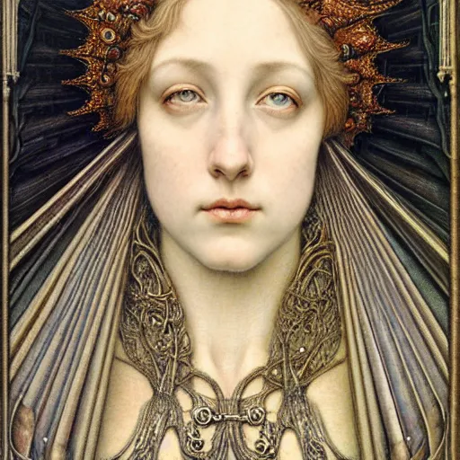 Image similar to detailed realistic beautiful young medieval queen face portrait by jean delville, gustave dore, iris van herpen and marco mazzoni, art nouveau, symbolist, visionary, gothic, pre - raphaelite, horizontal symmetry