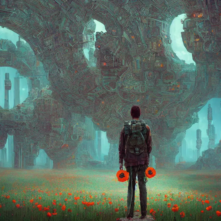 Prompt: A person standing in front of a, portal made of opium poppies, cyberpunk, epic surrealism, Detailed digital matte painting in the style of simon stalenhag and Bev dolittle Zdzislaw Beksinski, Greg Hildebrandt artstation