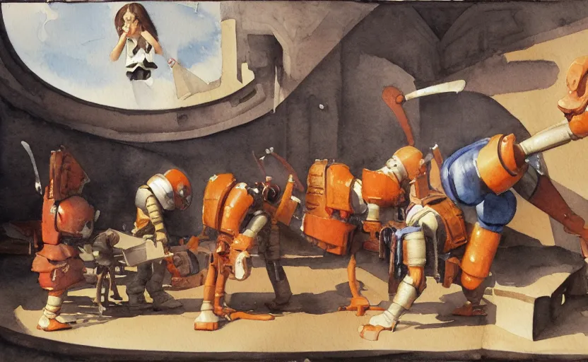 Prompt: school, colorful watercolor. by rembrant, battle angel alita, ralph mcquarrie, aluminum, 1 6 6 7
